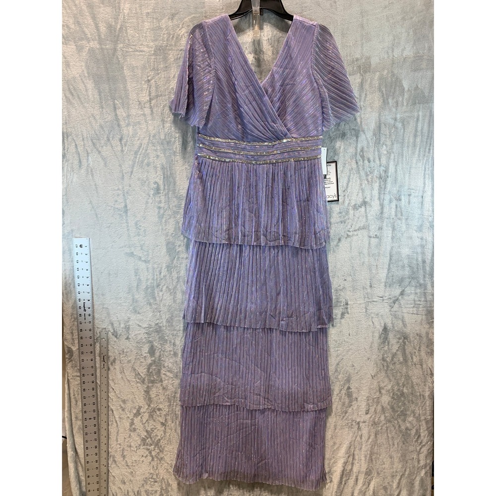 R&M Richards Lilac Metallic Pleated Tiered Gown Rhinestone Waist 9716 Size 12